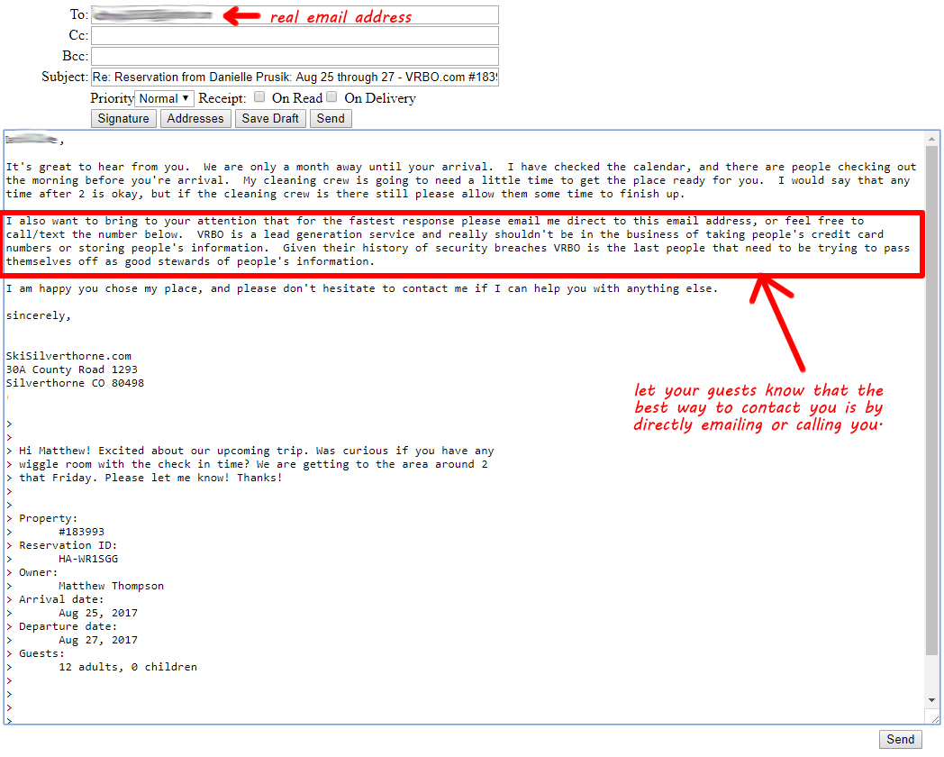 VRBO message reply email