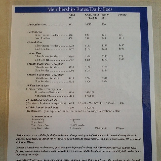 Silverthorne Recreation Center 2014 Pricing