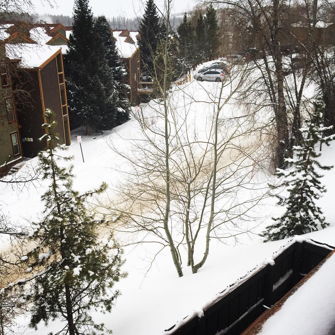 View from the back porch of the ski-Silverthorne lodge.  So peaceful to see the snow on the ground.
#snowfall #peacefulplace #sereneplace #warmfires